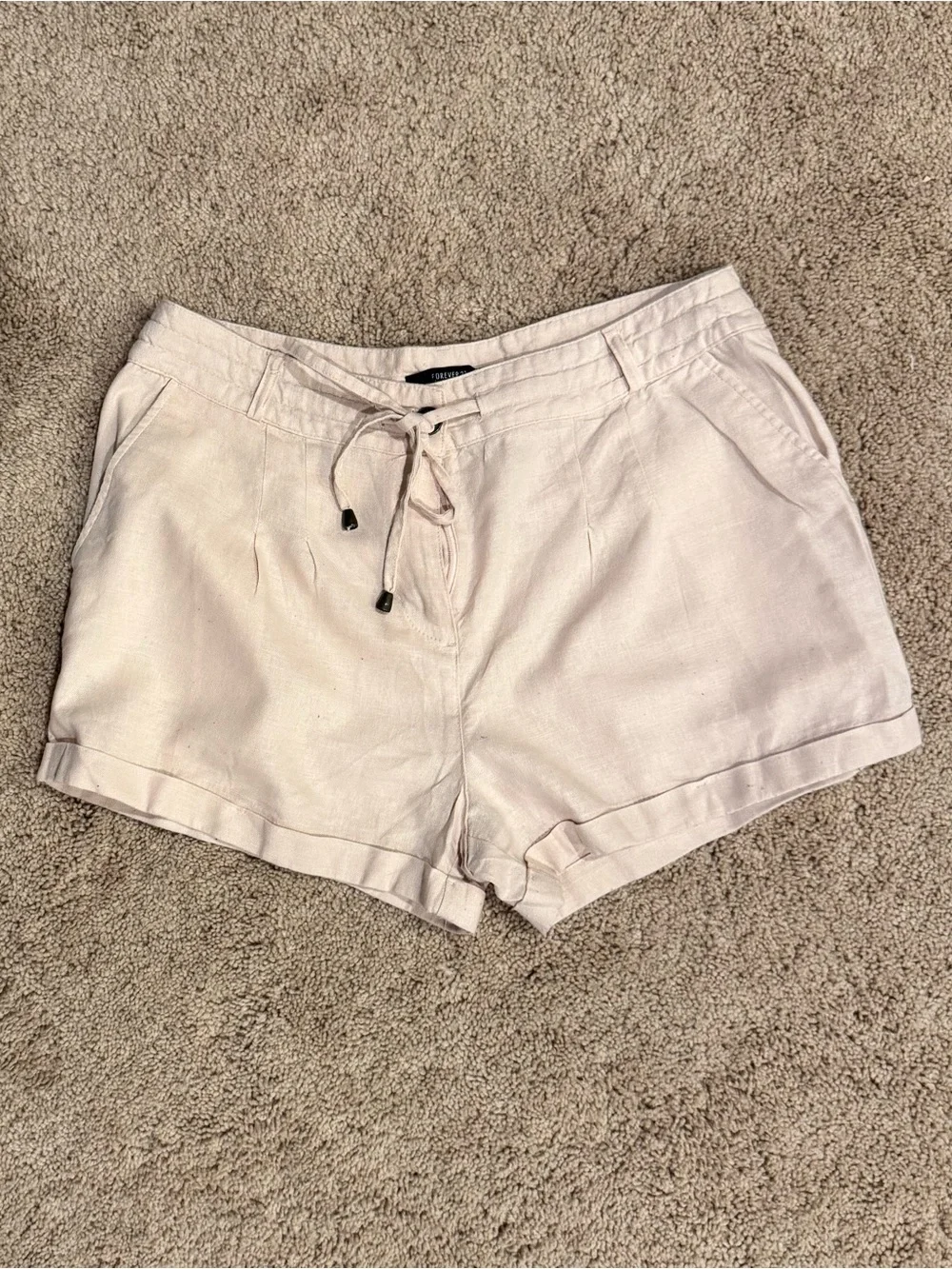 Forever 21 Cream Drawstring Linen-Blend Athletic Shorts